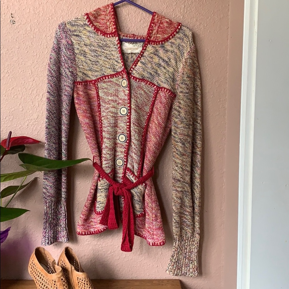 Multicolored button up knit sweater w hood